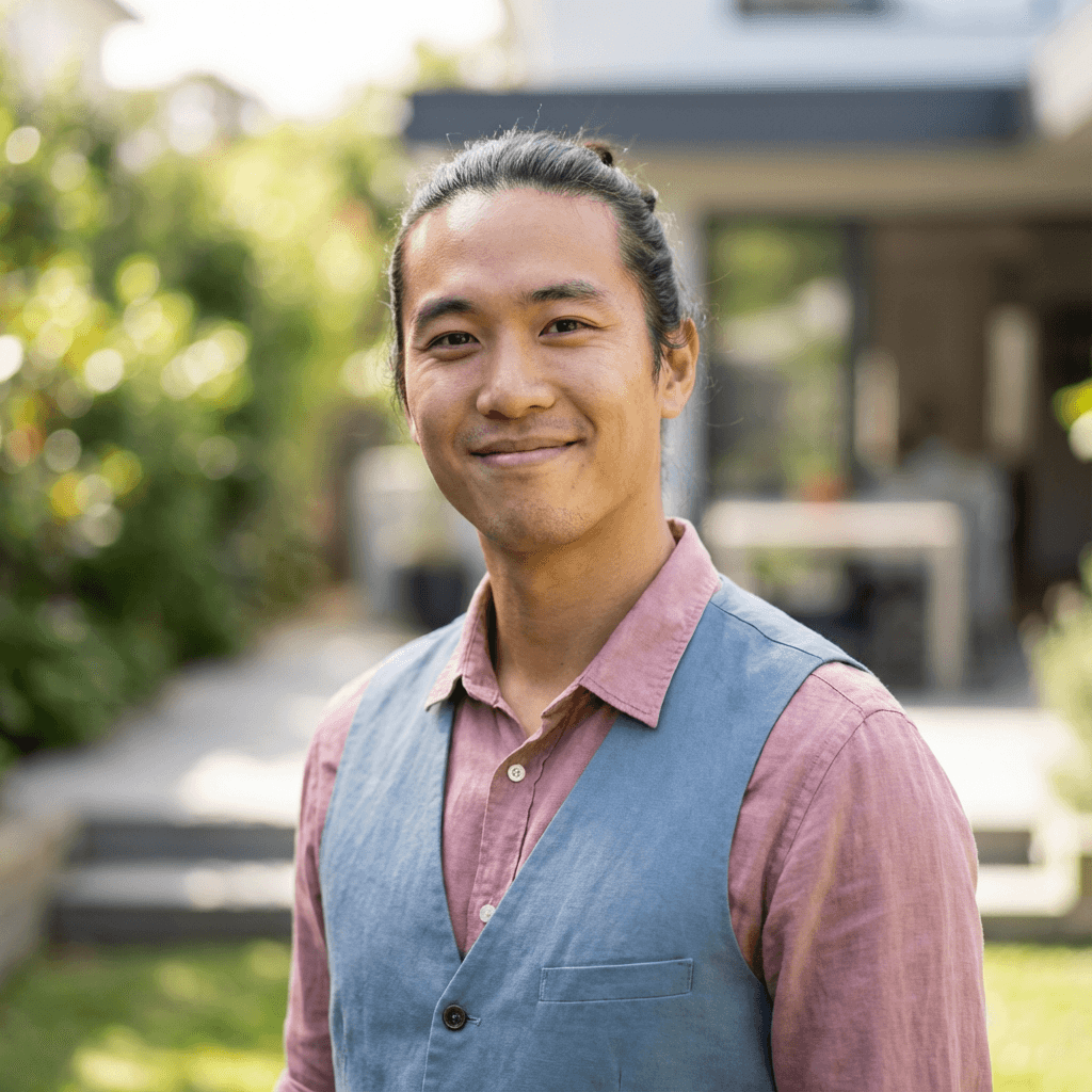 Male small business owner in his mid 40s, East Asian, confident and professional appearance in a retail space