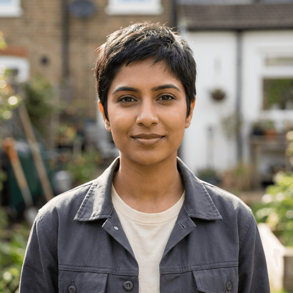Priya, female shop owner in her 30s, professional headshot