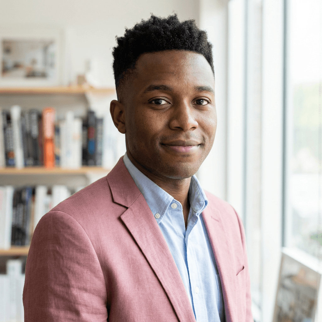 Male office manager in his early 40s, Black, professional and approachable demeanor in a modern office