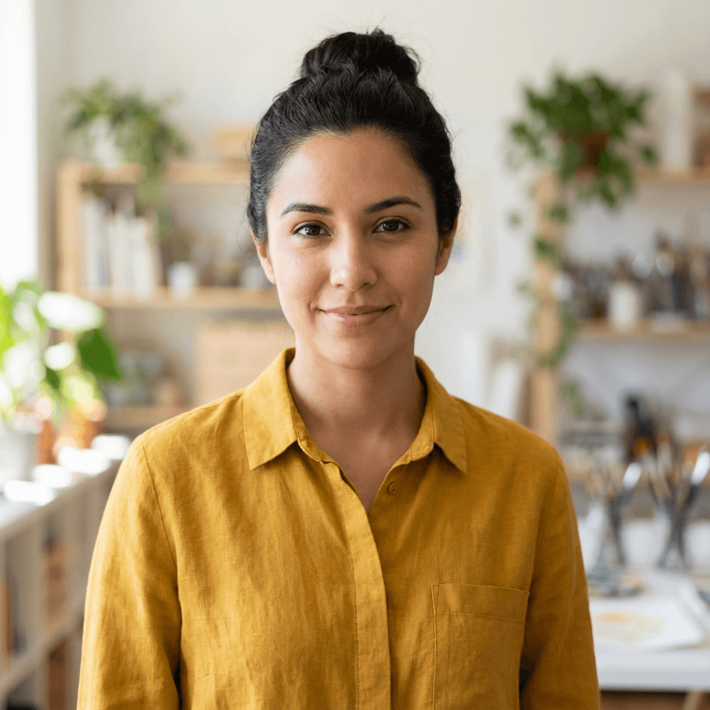 Sophia Martinez in a casual blazer in a creative office