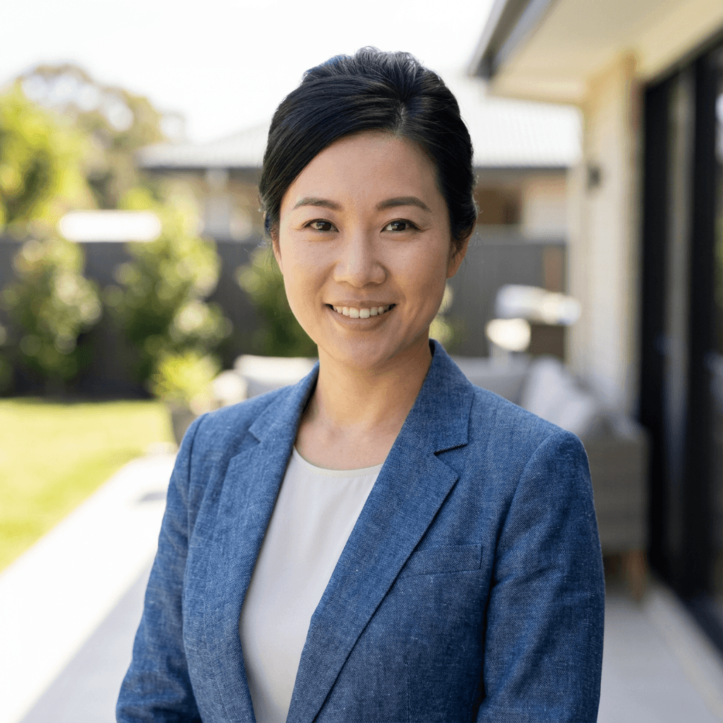 Linda Nguyen in a professional suit in a law office