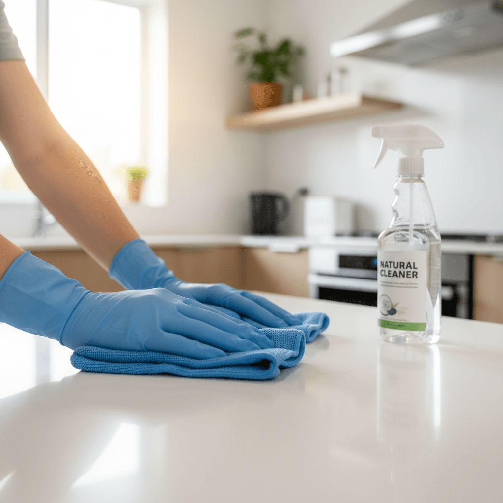 Cleaner wiping a kitchen counter with a microfiber cloth