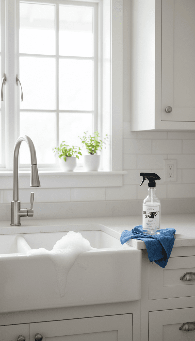 Clean kitchen counter with cleaning supplies