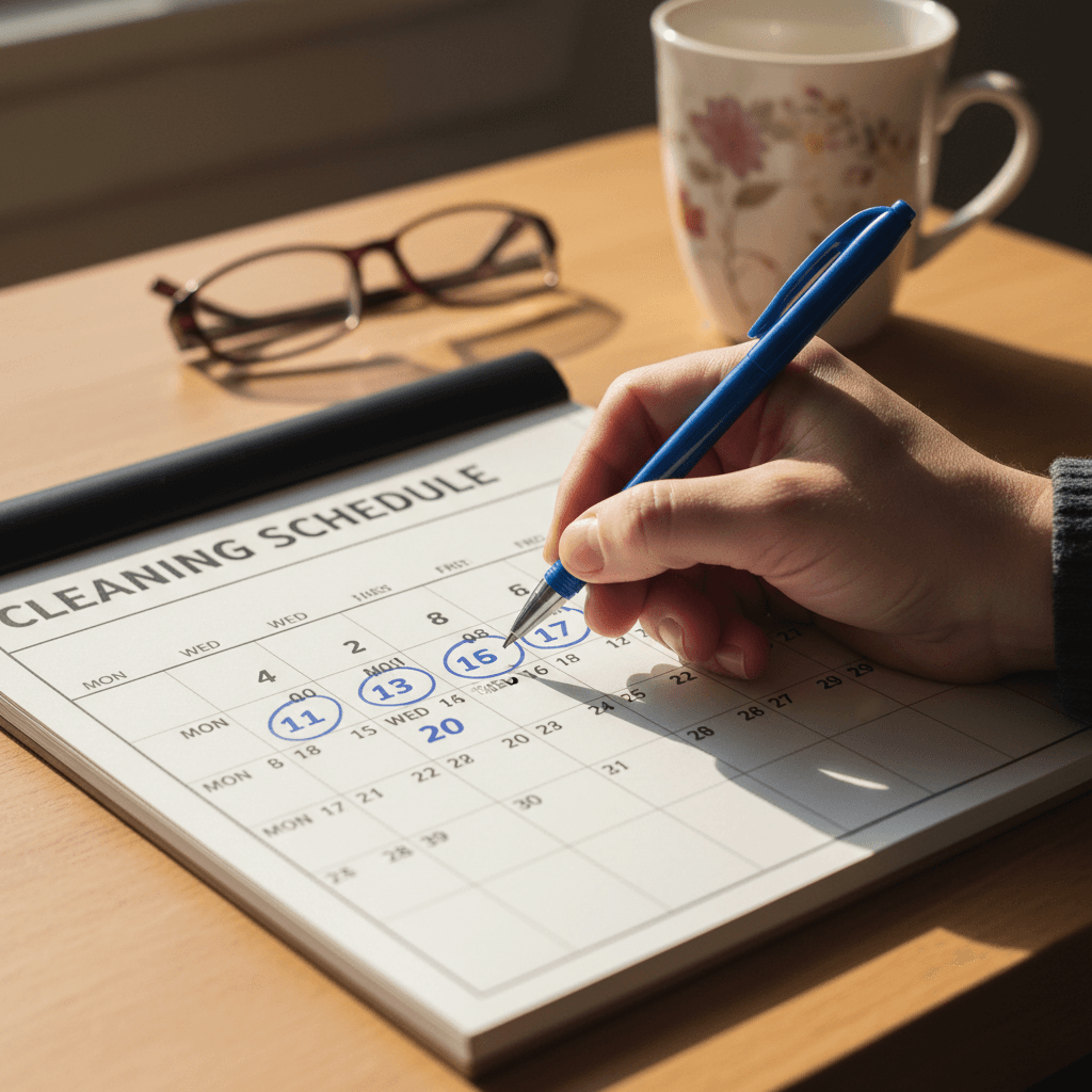 Hand marking cleaning dates on a paper calendar with a pen