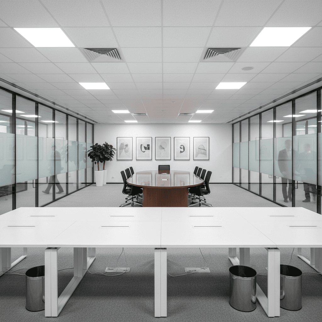 Tidy office workspace with polished desks and clean common areas