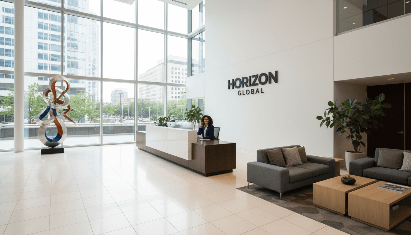 Bright office lobby with clean floors and tidy reception area