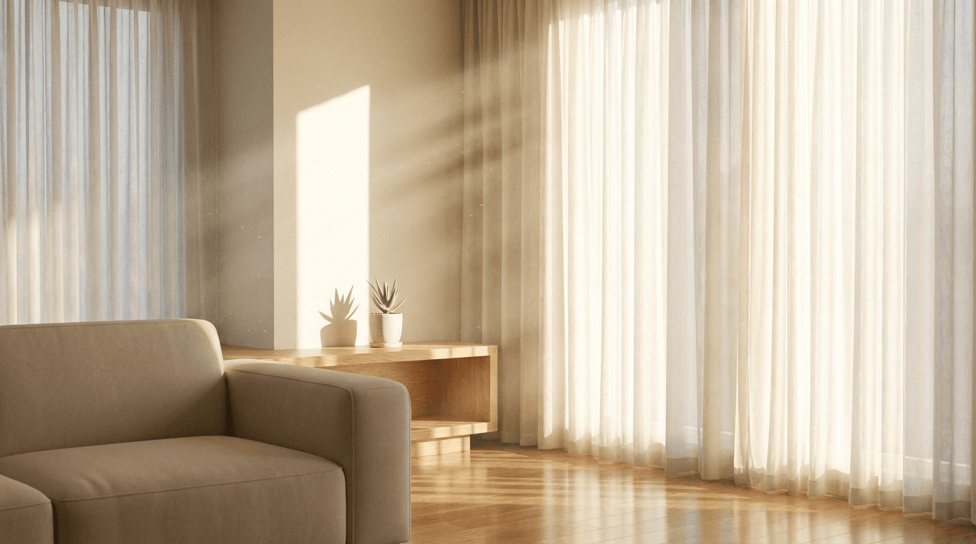 Clean living room with a person dusting a shelf, no text