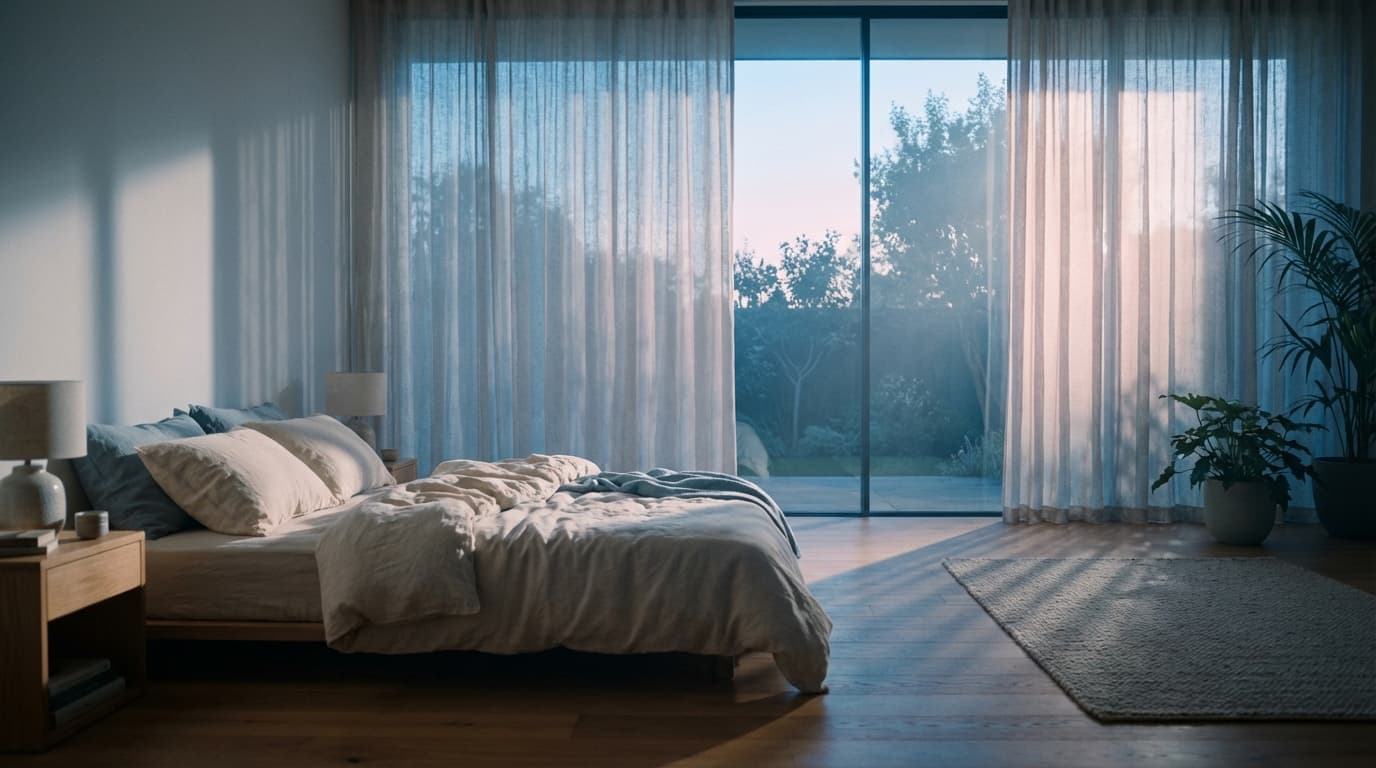Neatly made bed in a clean bedroom, no text