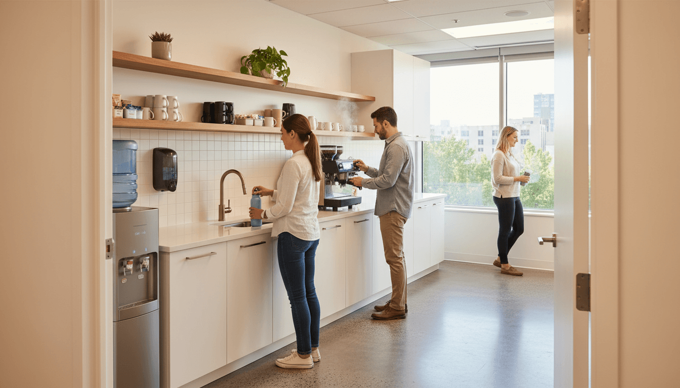 Clean modern office restroom with polished sinks and stocked supplies
