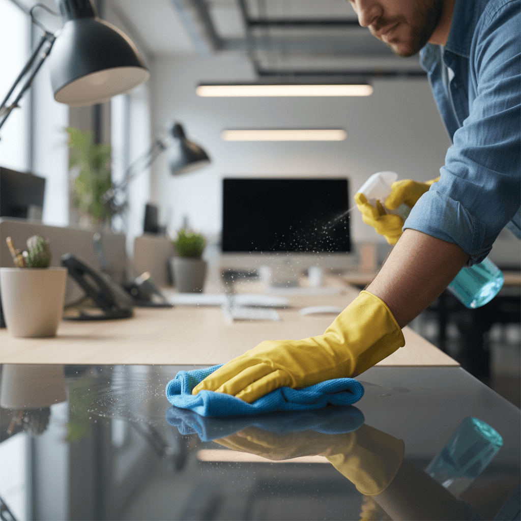 Professional cleaner wiping office desk with microfiber cloth