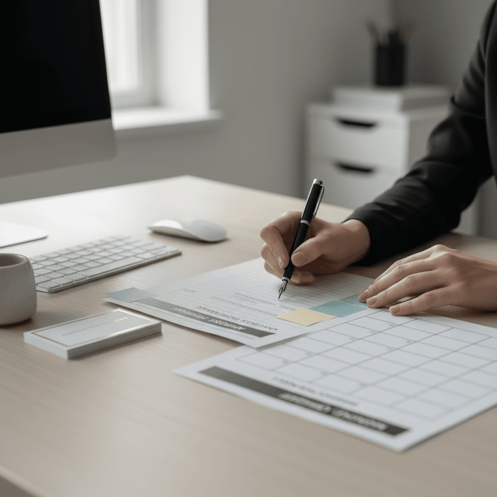 Cleaning professional reviewing schedule at bright office workspace