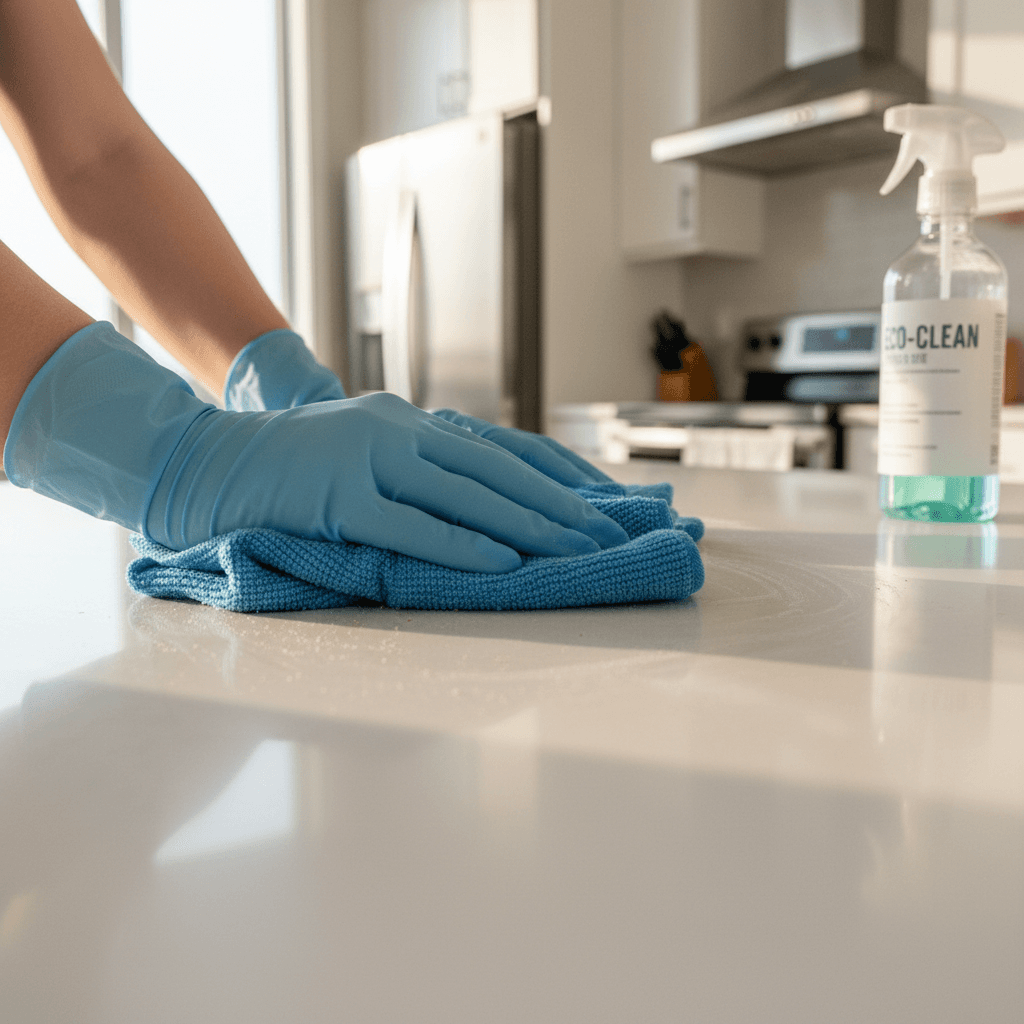 Hands wiping a kitchen counter with a microfiber cloth