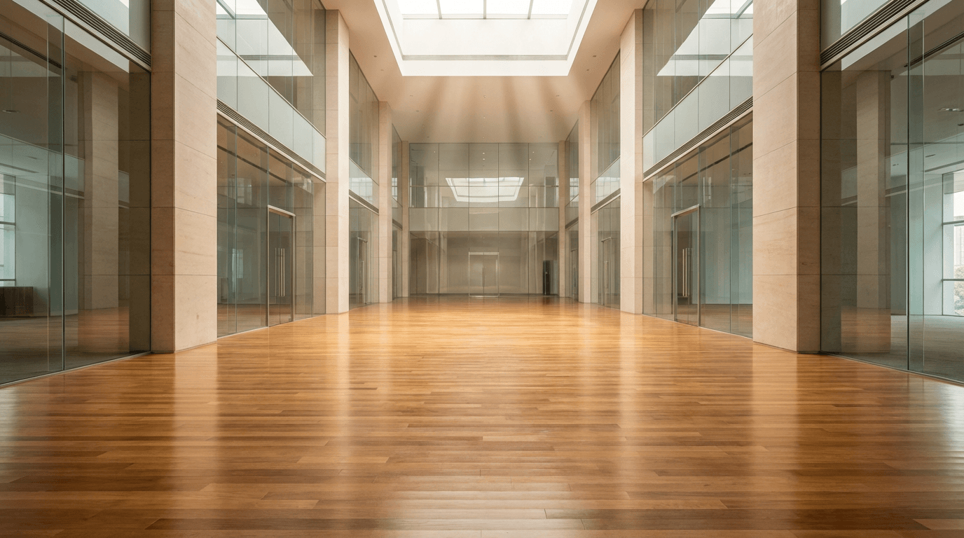 Office hallway with polished floors and clean baseboards