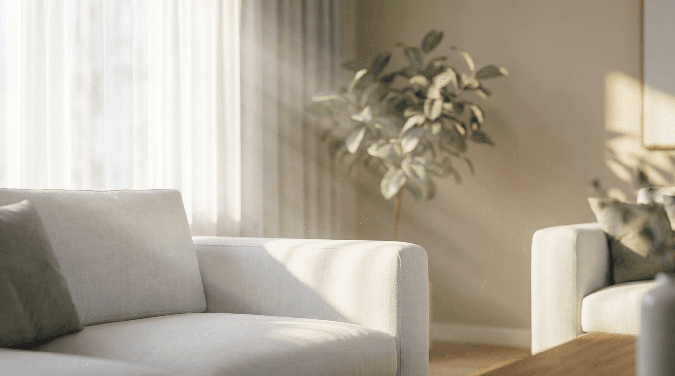 Cleaning professional wiping a coffee table in a bright Raleigh living room