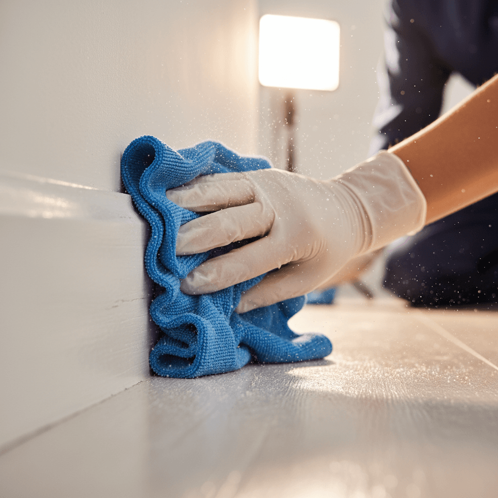 Hand wiping a clean baseboard with a cloth, no text